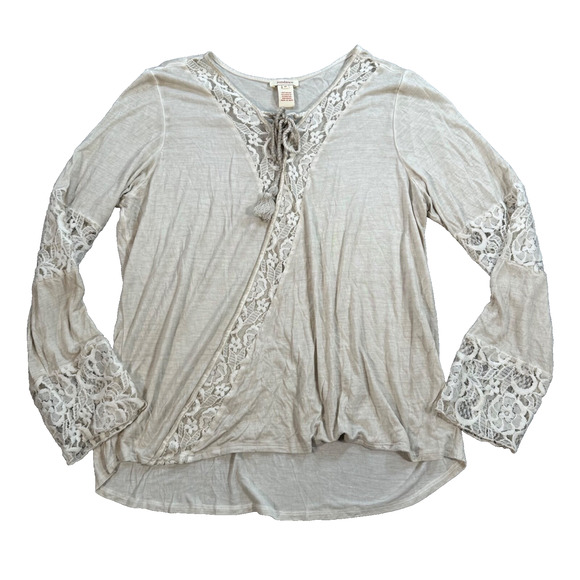 Sundance Tops - Sundance Faux Wrap Tunic Top Women's Medium Beige Lace Trim Tassel Long Sleeve